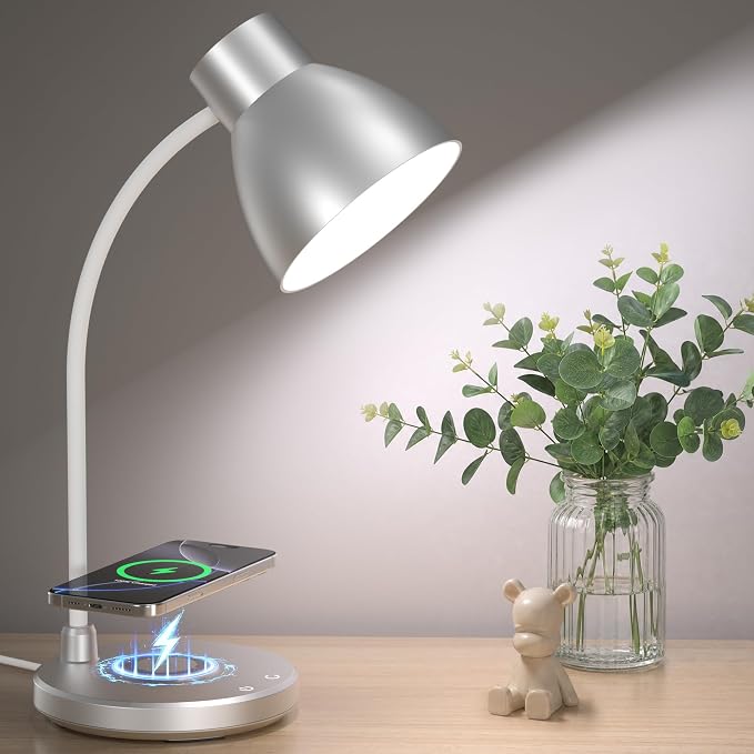 Desk Lamp for Home Office - LED Desk Lamp with Wireless Charger, 3 Color Modes Dimmable Eye-Caring Study Reading Desk Light, Small Flexible Arm Table Lamp for College Dorm Room Bedside, Silver