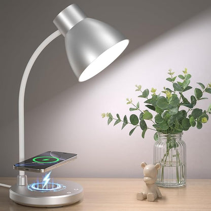 Desk Lamp for Home Office - LED Desk Lamp with Wireless Charger, 3 Color Modes Dimmable Eye-Caring Study Reading Desk Light, Small Flexible Arm Table Lamp for College Dorm Room Bedside, Silver