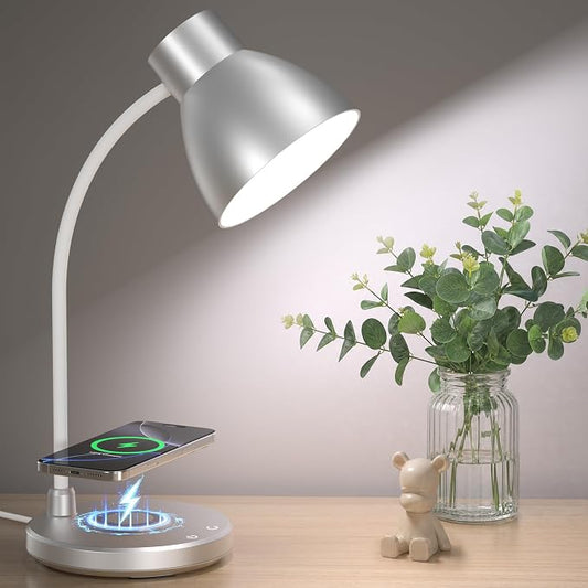 Desk Lamp for Home Office - LED Desk Lamp with Wireless Charger, 3 Color Modes Dimmable Eye-Caring Study Reading Desk Light, Small Flexible Arm Table Lamp for College Dorm Room Bedside, Silver