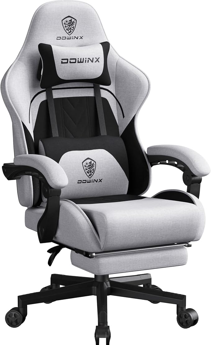 Dowinx Gaming Chair Fabric Big and Tall with Pocket Spring Cushion, Massage Game Chair Cloth with Headrest, Ergonomic Computer Chair with Footrest 350LBS, Black Grey