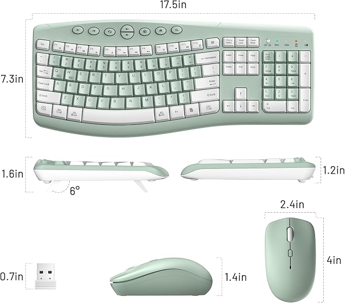 Wireless Keyboard and Mouse Combo,2.4G Full Size Ergonomic Curved Silent Keyboard with Fn Multimedia Keys for Office and Home, 3-DPI Quiet Mouse for Windows,Mac OS Desktop/Laptop/PC(Avocado Green-A)