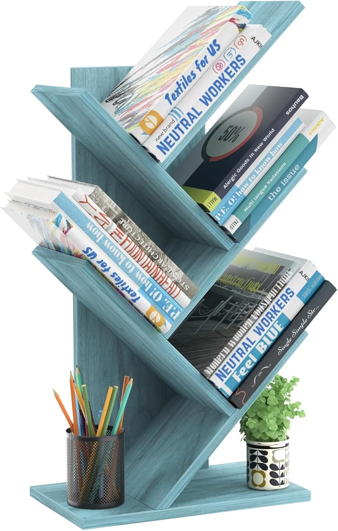 SHEEPAM 5 Tier Tree Book Shelf, Small Desktop Bookshelf with Storage Organizer, Wood Bookcase, Desk Display Bookshelves, Floor Standing Organizer Bookcases for Living Room,Bedroom,Office-Blue
