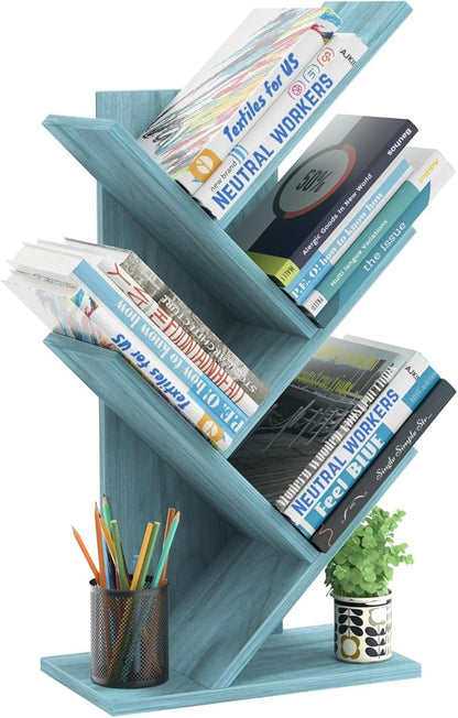 SHEEPAM 5 Tier Tree Book Shelf, Small Desktop Bookshelf with Storage Organizer, Wood Bookcase, Desk Display Bookshelves, Floor Standing Organizer Bookcases for Living Room,Bedroom,Office-Blue