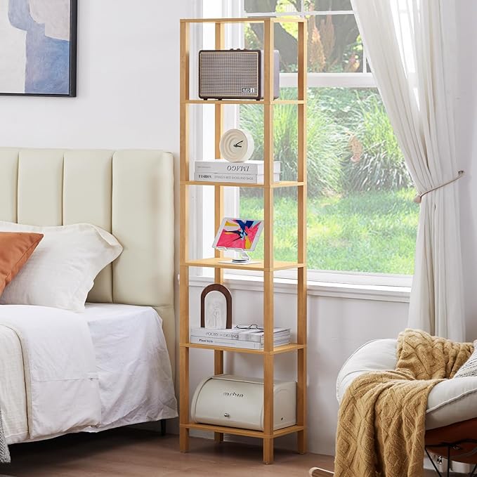 YUFAM 54in Tall Bookshelf 5-Tier Small Narrow Bookcase, Skinny Book Shelf for Small Space, Farmhouse Slim Shelf with Storage, Wood Freestanding Display Thin Bookshelves for Living Room, Natural