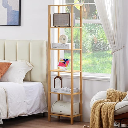 YUFAM 54in Tall Bookshelf 5-Tier Small Narrow Bookcase, Skinny Book Shelf for Small Space, Farmhouse Slim Shelf with Storage, Wood Freestanding Display Thin Bookshelves for Living Room, Natural