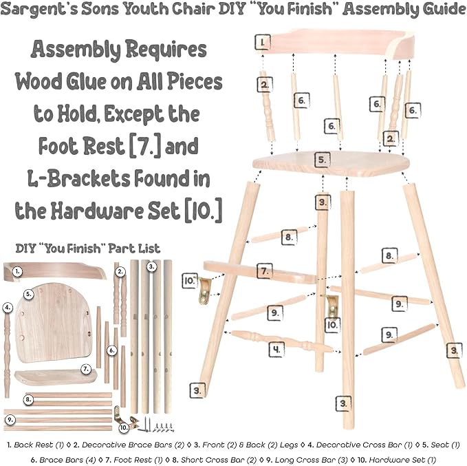 Sargent's Sons Amish Style Wooden Youth Chair, Desk Chair, Youth Dinning Chair with Step & Arms (Unfinished, Disassembled DIY)