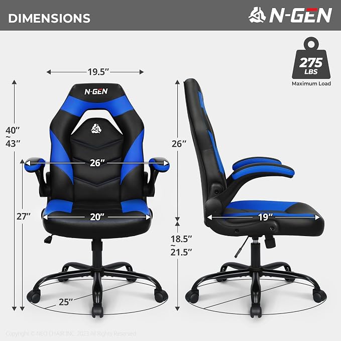 N-GEN Video Gaming Chair Ergonomic Computer Desk Office Chair with Lumbar Support Adjustable Height Swivel Wheels Flip-Up Arms PU Leather Home and Office (Classic Blue)