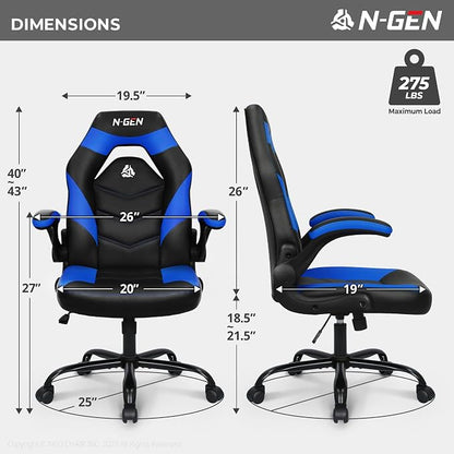 N-GEN Video Gaming Chair Ergonomic Computer Desk Office Chair with Lumbar Support Adjustable Height Swivel Wheels Flip-Up Arms PU Leather Home and Office (Classic Blue)