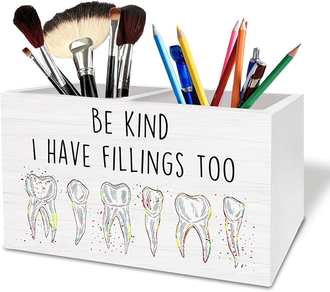 Funny Dental Office Pen Holder for Desk, Be Kind I Have Fillings too Wooden Box Sign Desk Decor for Dentist Office School Clinic Decoration, Funny Dentist Gifts Pencil Organizer