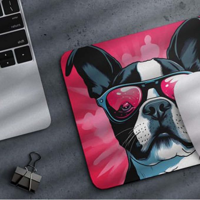 Pink Mousepad Glamour Dog Boston Terrier Mouse Pad for Home Office Gaming Working Desk Computer Desktop Accessories Non-Slip Rubber Mousepad for Dog Lovers