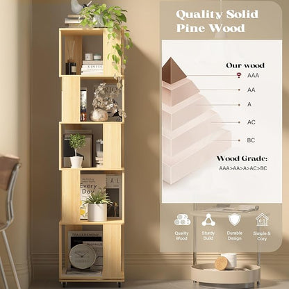 5 Tier Solid Wood Rotating Bookshelf Tower on Wheels, 360° Upgrade Spinning Book Shelf, Revolving Bookcase Organizer, Swivel Bookshelves for Small Spaces, Corner, Bedroom, Kids Room (Warm Wood)