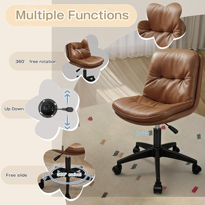 Small Office Desk Chair, PU Leather Armless Swivel Chair with Lumbar Pillow, Height Adjustable Task Chair for Small Spaces, Bedroom & Vanity Brown