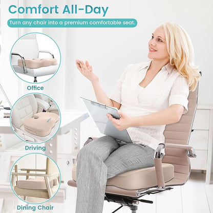 Office Chair Seat Cushion, Cooling Gel Enhanced Memory Foam Cushion for Long Sitting - Back, Sciatica, Coccyx, Tailbone Pain Relief Pillow - for Office, Gaming, Car, Wheelchair - Khaki, Large
