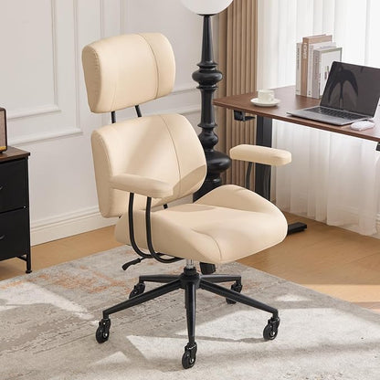 E-Motie Ergonomic Leather Office Chair, Computer Desk Chair, Beige | Adjustable Headrest, 360° Swivel & Rolling Wheels, Lumbar Support, Padded Arms, High Back, for Long Hours Sitting