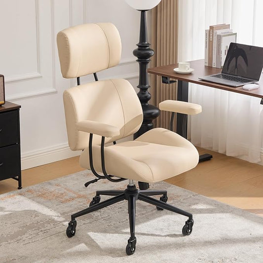 E-Motie Ergonomic Leather Office Chair, Computer Desk Chair, Beige | Adjustable Headrest, 360° Swivel & Rolling Wheels, Lumbar Support, Padded Arms, High Back, for Long Hours Sitting