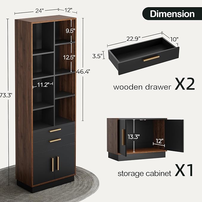 ModernMate Wood Bookcase with 2 Drawers and Doors, 8 Storage Cubes, 73.3" Tall Bookshelf, Modern Bookcases, Wooden Bookshelves for Home and Office, Living Room, Study, Black Walnut