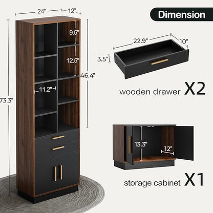 ModernMate Wood Bookcase with 2 Drawers and Doors, 8 Storage Cubes, 73.3" Tall Bookshelf, Modern Bookcases, Wooden Bookshelves for Home and Office, Living Room, Study, Black Walnut