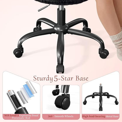 Homkdom Vanity Chair with Wheels, Cute Desk Chair with Bow Backrest, Fluffy Faux Rabbit Fur Small Office Chair for Vanity, Make-up Room, Bedroom, Dorm, Height Adjustable, Black