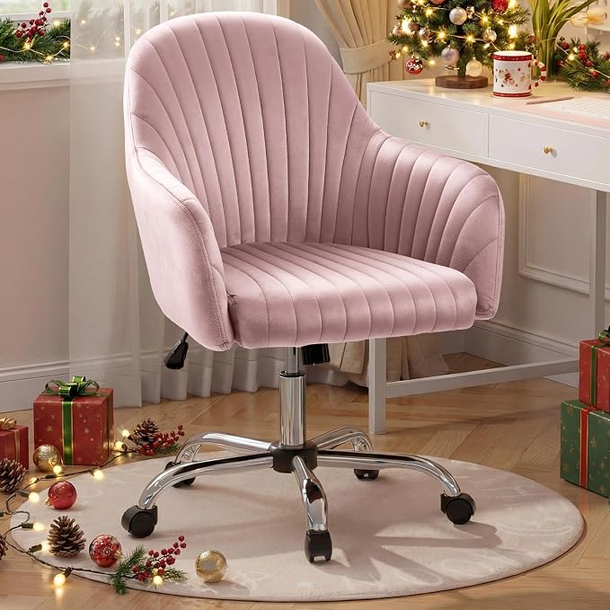 Warmiehomy Velvet Vanity Chair with Back, Desk Chair for Home Office, Comfy Cute Makeup Chair with Arm Rest for Bedroom, Office Furniture, Blush Pink