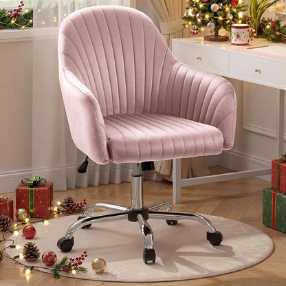 Warmiehomy Velvet Vanity Chair with Back, Desk Chair for Home Office, Comfy Cute Makeup Chair with Arm Rest for Bedroom, Office Furniture, Blush Pink
