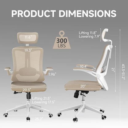 Ergonomic Office Chair with Adjustable Lumbar Support & Flip-Up Armrests - High Back Computer Desk Chair with Thickened Seat Cushion, Rolling Wheels for Home/Office Study Work (07khaki)