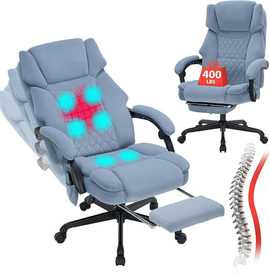 Massage Office Chair with Foot Rest 6 Points Vibration and Heat Home Office Desk Chairs for Heavy People 400lbs Reclining Managerial Chairs Ergonomic Executive Chair (Dustyblue)