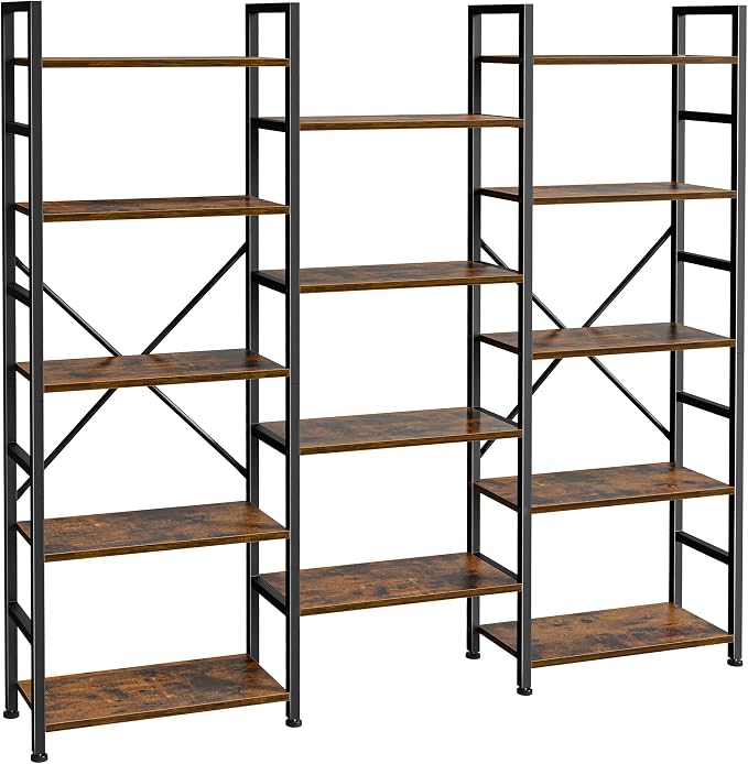 SUPERJARE Triple Bookshelf, Bookcase with 14 Open Display Shelves, Wide Book Shelf Book Case for Home & Office, 5 Tier, Brown