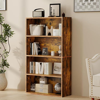 Sweetcrispy Industrial 4 Shelf Bookcase - Large 42.1 Inch Tall Floor Standing Open Bookshelf for Home Office, Living Room, and Bedroom Storage, Classic Brown