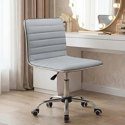 Furmax Vanity Office Desk Chair with Wheels, Armless Small Cute Leather Makeup Computer Task Chair Adjustable Height 360° Swivel (Light Grey)