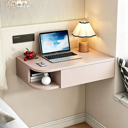 Corner Floating Desk with Drawer, Wall Mounted Desk with Open Shelving, Floating Makeup Vanity with Storage, Scratch-Resistant, Space Saving, for Bedroom Living Room Small Spaces Apartment