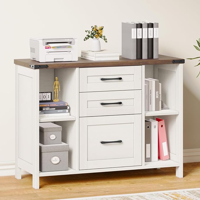 Halitaa 3 Drawer File Cabinet, Farmhouse Lateral Filing Cabinet Fits File Letter or A4 Size, Wooden Printer Stand with Open Storage Adjustable Shelf for Home Office, White
