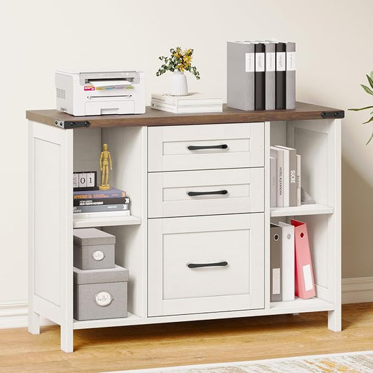 Halitaa 3 Drawer File Cabinet, Farmhouse Lateral Filing Cabinet Fits File Letter or A4 Size, Wooden Printer Stand with Open Storage Adjustable Shelf for Home Office, White