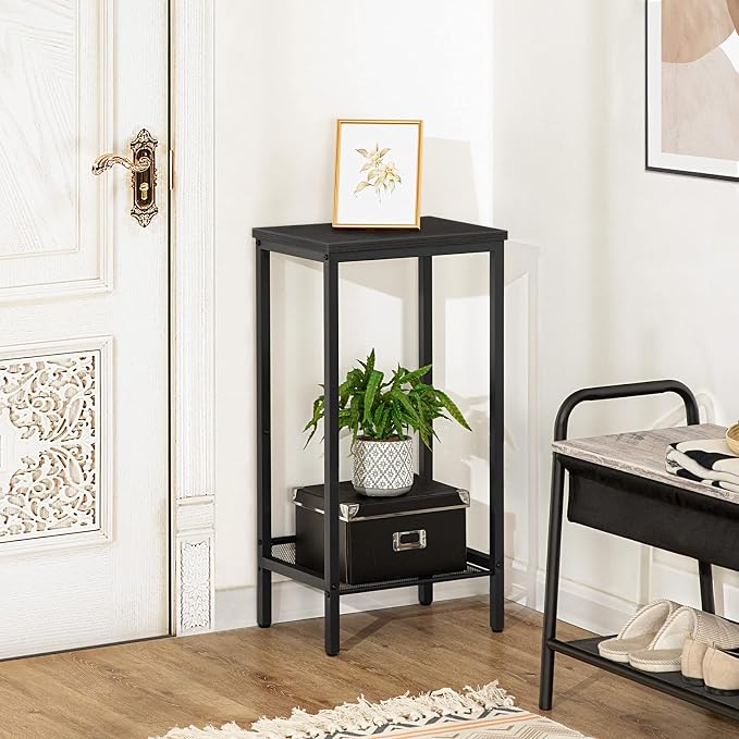 HOOBRO Tall Side Table, Industrial End Telephone Table with Adjustable Mesh Shelves, Small Tall Nightstand for Living Room, Bedroom, Entryway, Office, Black BB03DH01