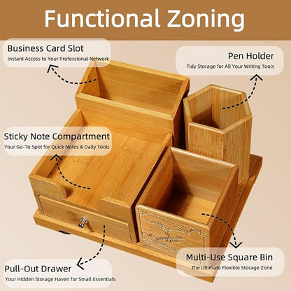 Bamboo Desk Organizer with Drawer, Pen Holder & Business Card Slot, Multi-Compartment Storage Caddy for Office & Home Office, Ideal for Pens, Sticky Notes, Clips, (Bamboo natural)