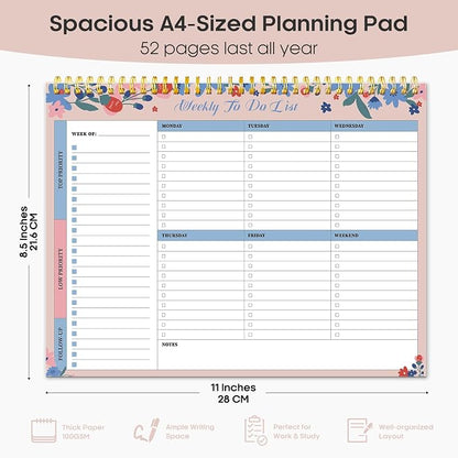 Taja Weekly To Do List Notepad with 52 Undated Sheets（8.5"×11"）- Weekly Desk Planner for Women & Man, Work and Home - 1 Pack Spring Blossom