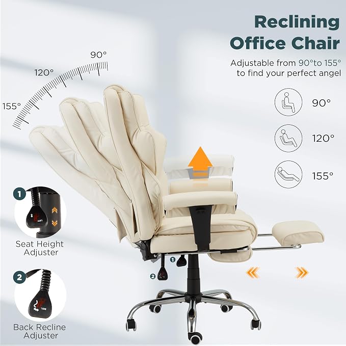 HOMREST Ergonomic Executive Office Chair, 6-Point Massage Manager Chair with Heating Function, Adjustable Backrest Home Office Chair with Adjustable Footrest and Armrests (Beige)
