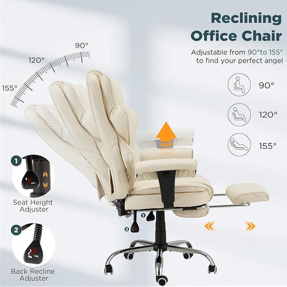 HOMREST Ergonomic Executive Office Chair, 6-Point Massage Manager Chair with Heating Function, Adjustable Backrest Home Office Chair with Adjustable Footrest and Armrests (Beige)