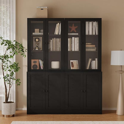 TUSY 71'' Bookshelf with Doors - 5 Tier Freestanding Tall Bookcase, Modern Storage Cabinet for Home Office, Curio Cabinets with Glass Door for Living Room, Bedroom (2, Black)