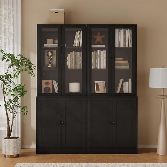 TUSY 71'' Bookshelf with Doors - 5 Tier Freestanding Tall Bookcase, Modern Storage Cabinet for Home Office, Curio Cabinets with Glass Door for Living Room, Bedroom (2, Black)