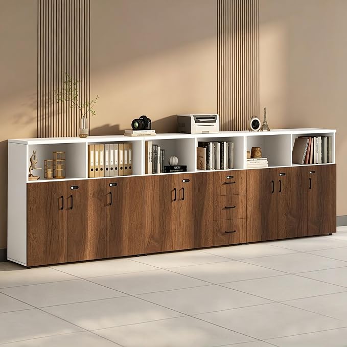 File Cabinet with Password Lock, Wood Lateral Filing Cabinet for Letter/A4 Files, 3 Drawer with Door, Printer Stand with Open Shelves for Home Office