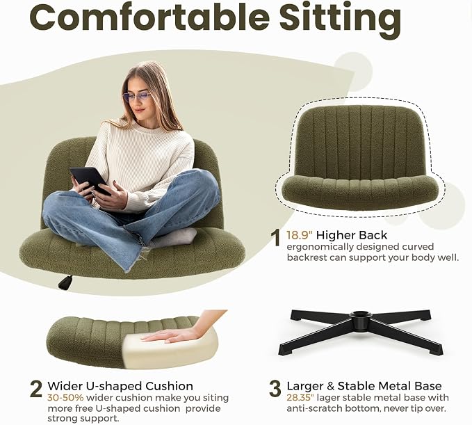 IWMH Criss Cross Chair, Cross Legged Office Chairs no Wheels, Armless Wide Seat Desk Chair with Adjustable Height for Home, Vanity, Bedroom (Green)