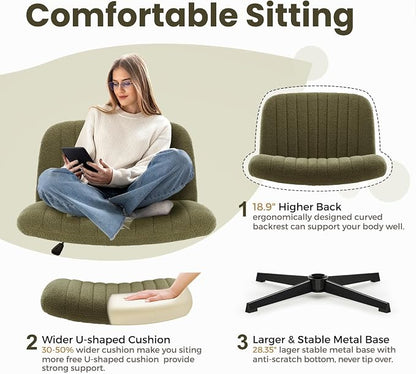 IWMH Criss Cross Chair, Cross Legged Office Chairs no Wheels, Armless Wide Seat Desk Chair with Adjustable Height for Home, Vanity, Bedroom (Green)