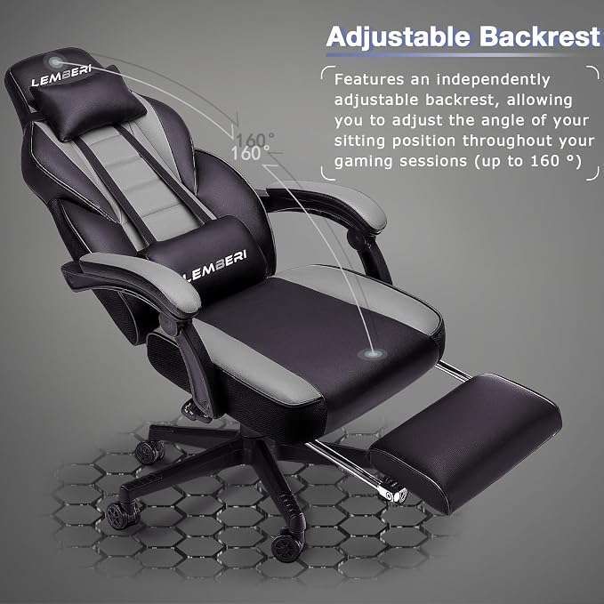 LEMBERI Gaming Chair with Footrest, Ergonomic Video Game Chair for Adults, Big and Tall Chair 400lb Weight Capacity, Racing Style Computer Gamer Chair with Headrest and Lumbar Support, PU Leather