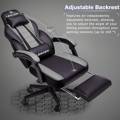 LEMBERI Gaming Chair with Footrest, Ergonomic Video Game Chair for Adults, Big and Tall Chair 400lb Weight Capacity, Racing Style Computer Gamer Chair with Headrest and Lumbar Support, PU Leather