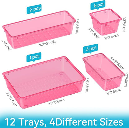 ElegantArray 12 PCS Drawer Organizer Set, 4 Sizes Tool Storage Trays, Clear Plastic Makeup Vanity Organizer and Storage Bins for Stationeries, Multiple Gadgets for Office, Bedroom, Pink