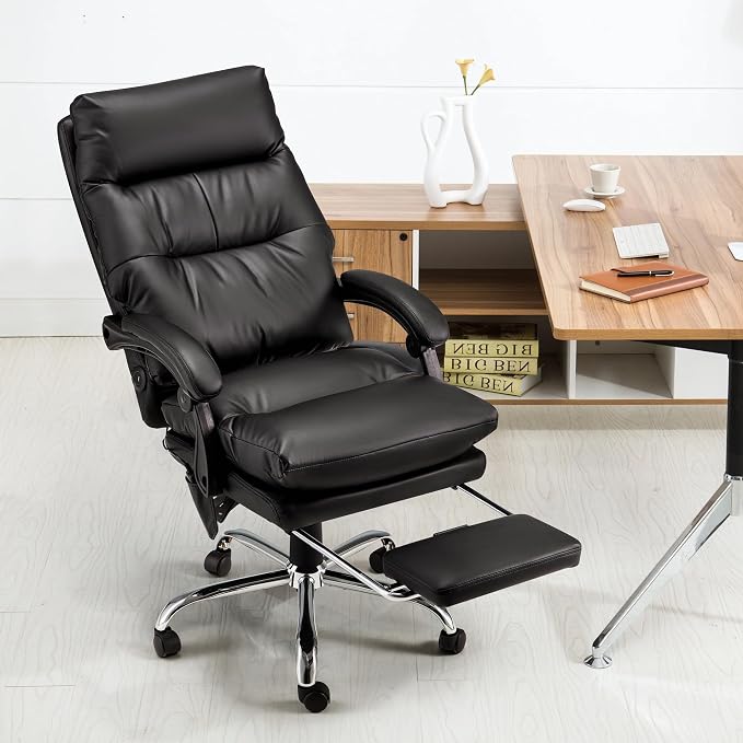 HOMREST Plush Executive Office Chair with Massage and Heat, Big and Tall Ergonomic Chair with Double-Layer Seat Cushion, Headrest, Lumbar Support, Footrest & USB for Home Office,Black