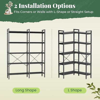 Huuger 5 Tier Bookshelf, L Shaped Corner Bookshelf with 10 Open Shelves, 49.4 Inch Straight Wide Bookcase with Metal Frame and Wooden Board, Adjustable Feet, Black