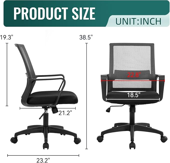 Office Chair Ergonomic Desk Task Chair Mesh Computer Chair Mid-Back Mesh Home Office Swivel Chair Modern Executive Chair with Wheels Armrests Lumbar Support (Grey)