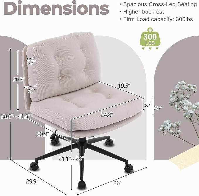 VINGLI Criss Cross Cloud Seat,Comfy Corduroy Cross Legged Office Desk Chair with/no Wheels,Cute Vanity Stool, Adjustable Wide Seat,Modern Swivel Perch for Study, Make Up, Home Office，Light Khaki