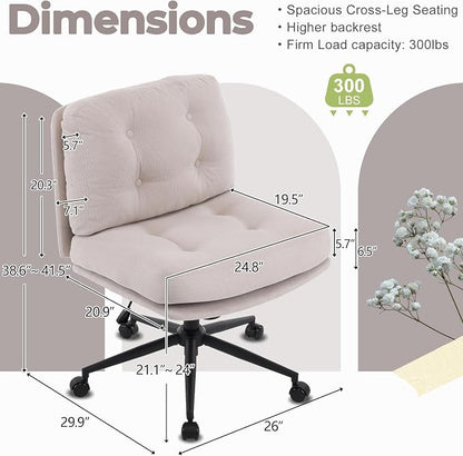 VINGLI Criss Cross Cloud Seat,Comfy Corduroy Cross Legged Office Desk Chair with/no Wheels,Cute Vanity Stool, Adjustable Wide Seat,Modern Swivel Perch for Study, Make Up, Home Office，Light Khaki